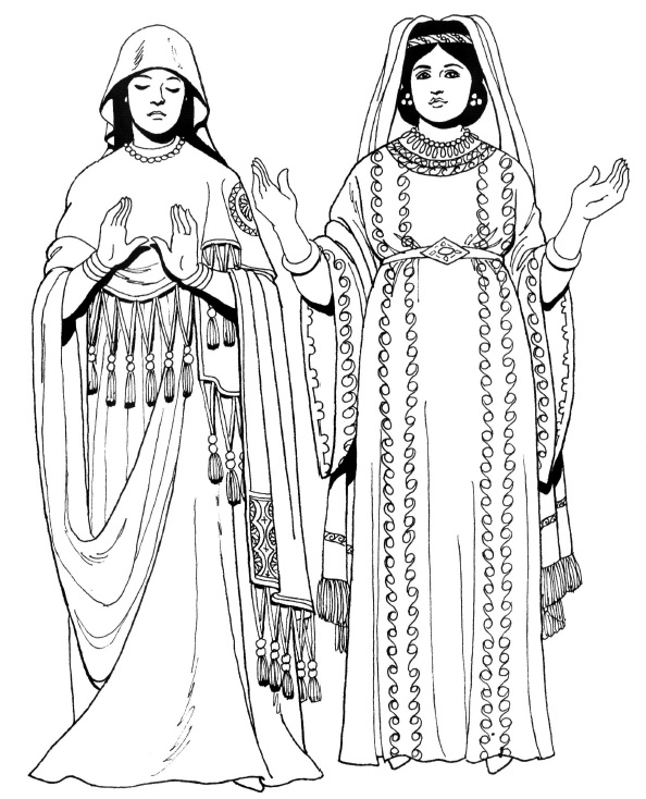 基督徒和高贵的女人。 4世纪。 在基督徒妇女上-palla和桌子。 在一个高贵的拜占庭女人上-Dalmatic和Palla。