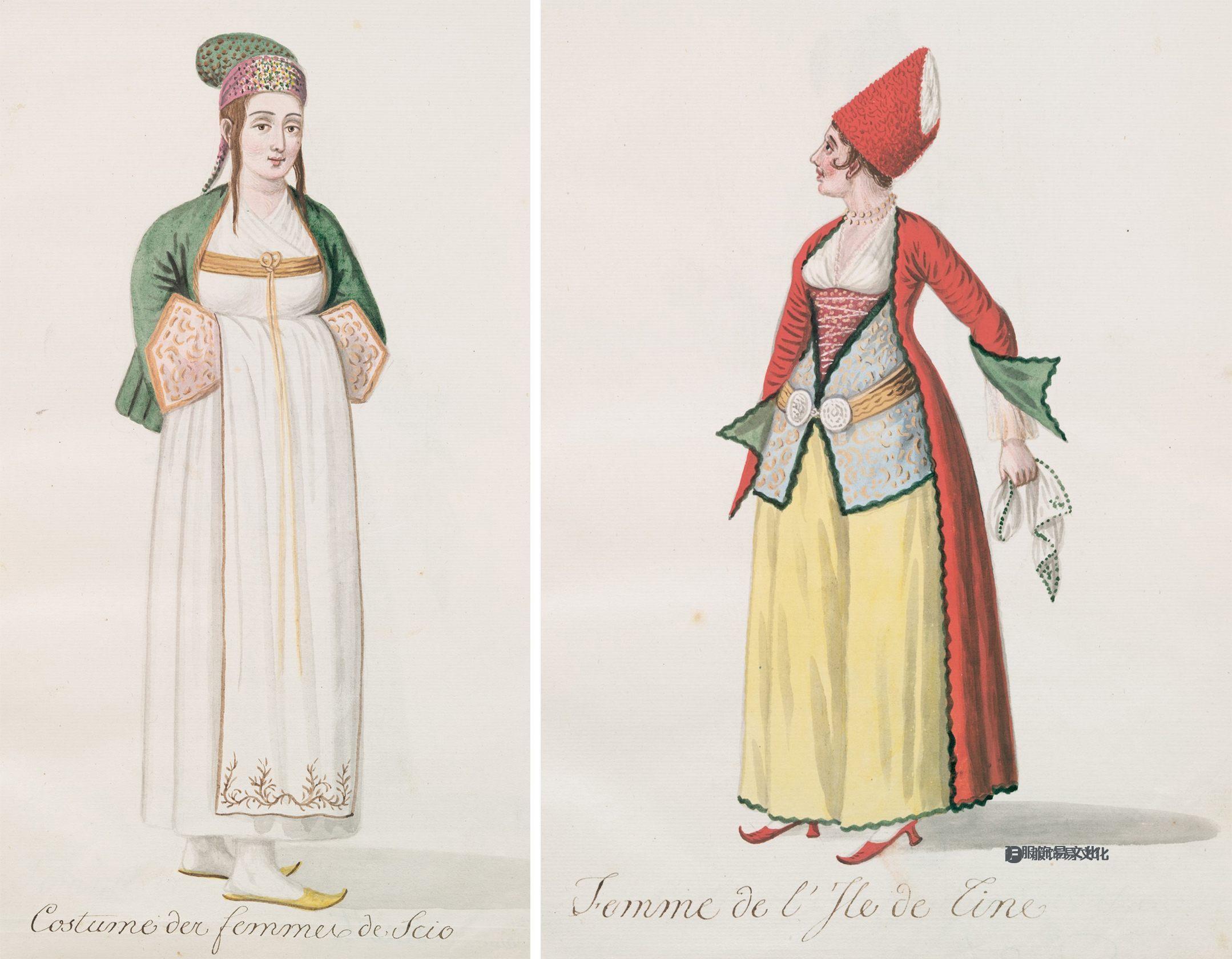来自希俄斯岛和蒂诺斯岛的希腊妇女穿着各式各样的衣服。