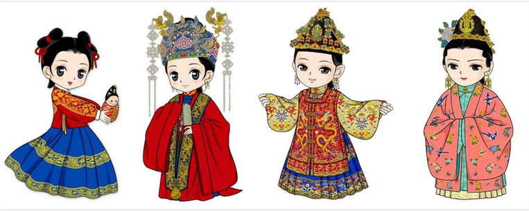 明朝（1368 年至 1644 年）公主不同生活阶段（儿童、成年、已婚妇女、母亲）的中国传统服饰和发型