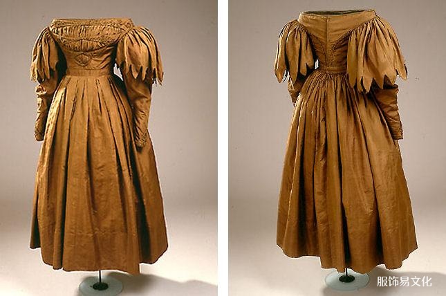 年轻女孩的棕色丝绸连衣裙，大约。 1830年