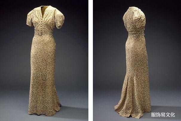 金色印花夏季派对连衣裙，1930 年代