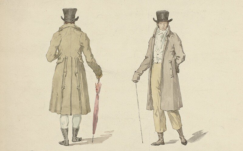 画中一名男子穿着 1800 年代风格的服装摆姿势。