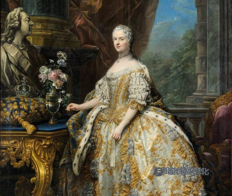 18 世纪时尚：法国王后 Charles-André van Loo、Marie Leszczinska，1747 年，法国凡尔赛宫凡尔赛宫。 细节。 