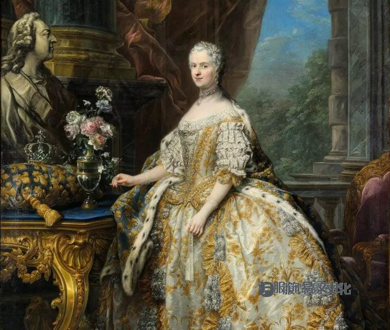 18 世纪时尚:法国王后 Charles-André van Loo、Marie Leszczinska,1747 年,法国凡尔赛宫凡尔赛宫。 细节。