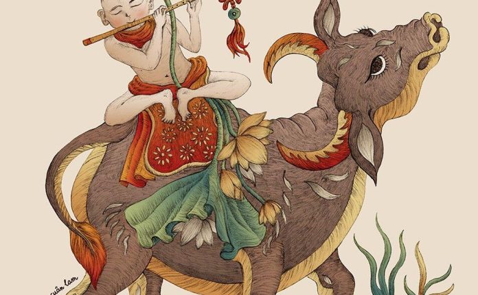 牧童，孩子，牛图案